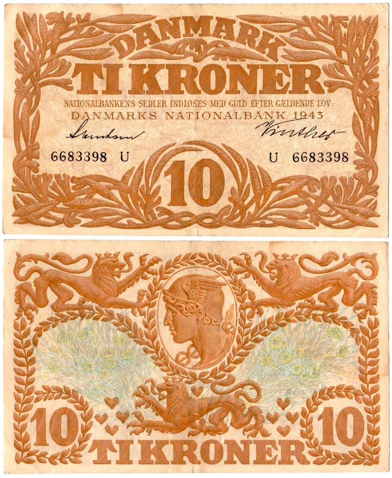 Denmark 10 Kroner P#31o(1) Series U (1943) Danmarks Nationalbank VF - Image 1 of 1