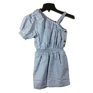 NWT HABITUAL $68 Girls One Shoulder Bow Blue White Striped Shorts Romper SIZE 16 - Picture 1 of 10