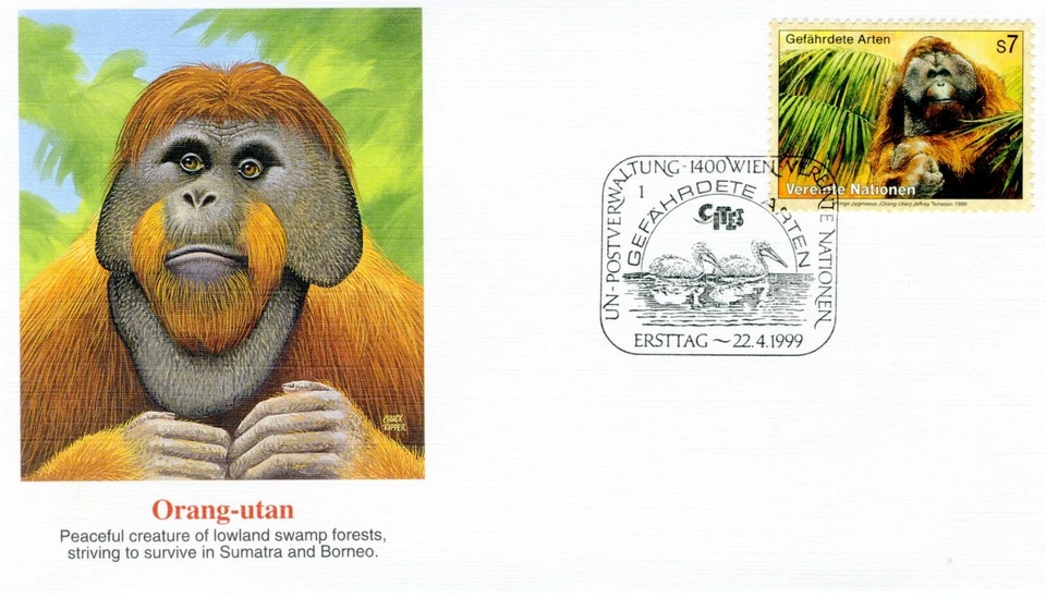 FDC Orang-utan  Fleetwood Endangered Species 1999 UN FDI  Stamp - Image 1 of 2