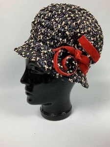 Vintage Hat Navy and white handmade straw curls swirls red 60s beehive retro - Picture 1 of 10