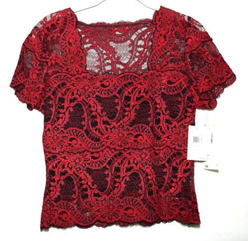 Camicetta Kay Celine rosso rubino pizzo fodera nera manica corta elasticizzata taglia M USA NUOVA CON ETICHETTE