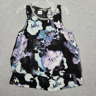 Juicy Couture Women Top M Black Floral Sleeveless Blouse Rhinestone Neck READ - Image 1 of 4
