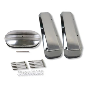 For Mopar 360 Polished Aluminum No Hole Valve Cover & 15" Half Finned Air Filter - Foto 1 di 8