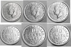 Juego de 9 monedas de diez centavos NewFoundland World Silver King George VI Canadá 1938 a 1947 - Imagen 1 de 3