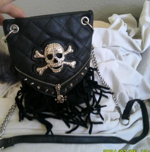 BLACK QUILTED LEATHER SKULL FRINGE BIKER SMALL CROSSBODY BAG - Picture 1 of 6