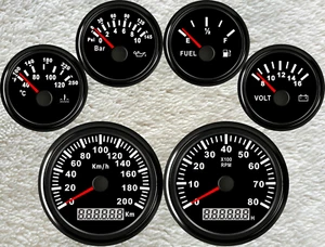 6 Gauge Set 85mm GPS 200km/h Speedometer Tacho Fuel Temp Volt Oil Pressure Black - Picture 1 of 7