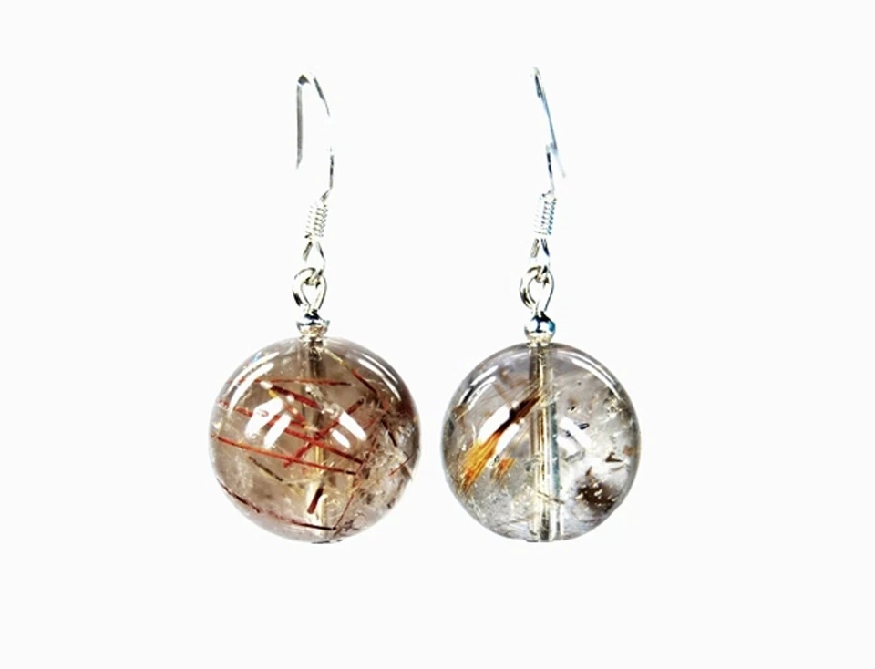 Pietre Cristalloterapia Orecchini IN Quarzo Rutilato Forma a Sfera Ø-12 MM 925 - Immagine 1 di 1