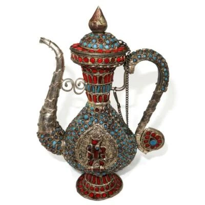 Jarra de colección Nepal plata filigrana coral turquesa ritual ceremonial Ewer, 6 3/8" Foto 1 de 4