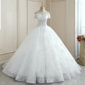 UK White/Ivory Beaded A Line Off shoulder Floor Length Wedding Dresses Size 6-20 - Picture 1 of 6