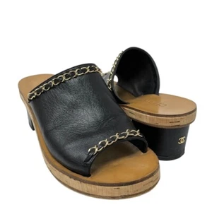 CHANEL Vintage CC Mark Logo Sandals Heels #36.5-37 Black Brown Leather Chain - Picture 1 of 12
