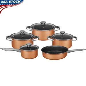 9 Piece Nonstick Copper Cookware Set W/ Glass Lids Frying Boiling Sauteing New - Picture 1 of 7