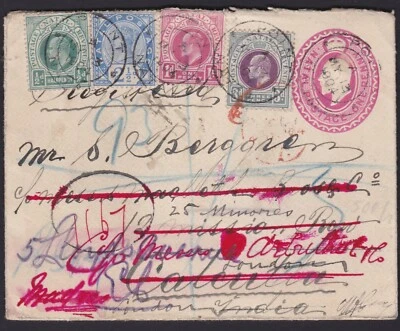 1904 NATAL KEVII África do Sul Capa Registrada Redirecionada LONDRES CALCUTTA MADRAS - Imagem 1 de 4