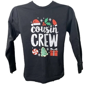 LIVE AND TELL Youth S Black Long sleeve T-Shirt “Cousin Crew” Santa Hat Festive - Picture 1 of 2