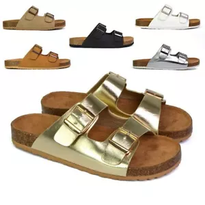 Womens Double Buckle Strap Flat Slider Ladies Casual Holiday Flip Flop Sandals - Picture 1 of 64