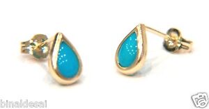 9ct Gold Small Teardrop Blue Turquoise Studs Earrings Girls Mum's B'day GIFT BOX