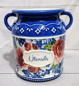 Pioneer Woman Heritage Floral Utensils Holder Blue Footed Crock - Picture 1 of 6