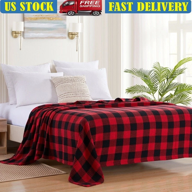 Soft Breathable Cotton Blend Knit Buffalo Check Blanket Year Round Comfort New - Image 1 of 3