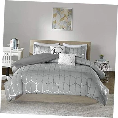  Edredón Raina Estampado Metálico Diseño Geométrico, Juego Completo/Reina Gris/Plateado Foto 1 de 4