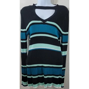 No Boundaries Black Blue Teal Striped Knitted Top 2XG 19 Juniors Stretchy Soft - Picture 1 of 6