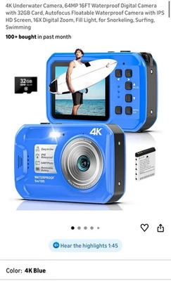 Digital Camera - 4K 56MP 16FT UHD Underwater Camera for Snorkeling with 32GB Car - Image 1 of 4