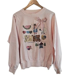 Vintage Cat Shirt Women Large Pink 80s Patchwork Grandma Rustic Cottage Retro - Picture 1 of 16