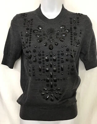 Suéter Lanvin Crew Tejido WooL Gris Oscuro Manga S Negro Joya Frontal Nuevo con Etiquetas $1640 Pequeño Foto 1 de 4