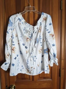 Unbranded-Women Off Shoulder Top-SizeXL-White/Floral Print- Long Sleeve-Tie Neck - Picture 1 of 5