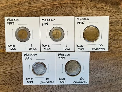 Lote de 5 monedas de 1 y 50 centavos pesos 1993-95 y 1998- monedas mexicanas de 1 peso y 50 centavos Foto 1 de 2