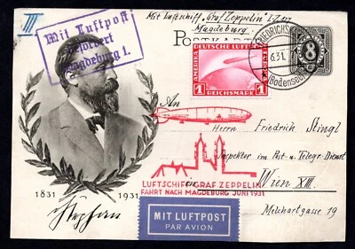 GERMANY 1931 ZEPPELIN UPRATED POSTAL CARD FRANKED Sc. #C35 MAGDEBURG TO VIENNA - Image 1 of 2