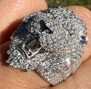 3.5CT Round Cut Real Moissanite Large Lion Pinky Band Ring 14K White Gold-Plated - Picture 1 of 14