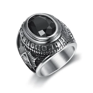 Mens Stainless Steel Satanic Illuminati Masonic Black Onyx Ring Size 7-14 - Picture 1 of 7