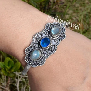 Labradorite & Tanzanite Gemstone 925 Sterling Silver Cuff Bangle For Wife Gift - Picture 1 of 5