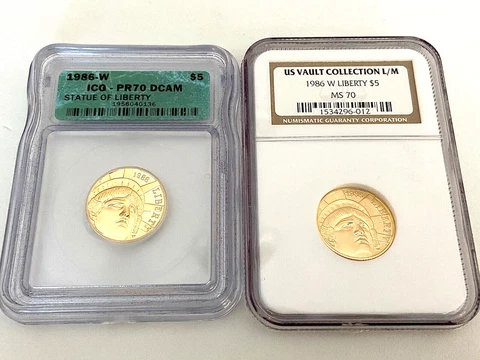 (2) 1986-W U.S. $5 STATUE OF LIBERTY GOLD COINS MS-70 + PR 70 DCAM Cover