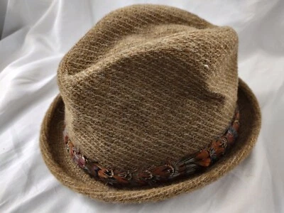 Vintage Norman Greene Wool Fedora Hat Plaid Tweed Size 7 Green Feather Band - Image 1 of 4