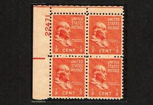 1938 U.S. PRESIDENTIAL SERIES 1/2c Franklin Plt#Blk of 4 Sc#803 M/NH/OG ^ - Picture 1 of 1