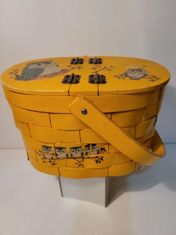 Yellow woven wood Basket bag  With Hand Painted Owl On Lid and sides Cover