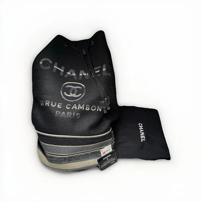 Chanel Deauville Línea a Rayas Mochila Bolso de Hombro Cadena Cordón Lona Negro Foto 1 de 4