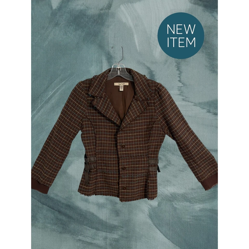 Chaqueta Blazer Free People Marrón Tweed a Cuadros Borde de Flecos Detalle de Cuero Talla 4 Foto 1 de 4