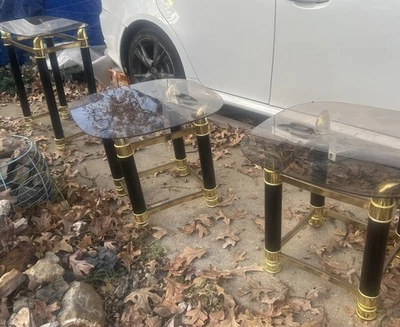 Vintage Italy MCM Brass and Glass Side Table 70s Horn Brass Black Side Table Set - Image 1 of 4