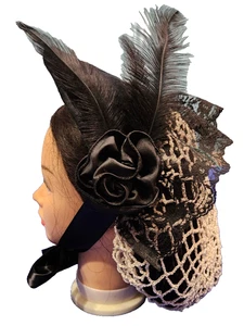 Black Cotton Brocade Dinner Bonnet-Black Feathers Civil War Reproduction Hat - Picture 1 of 7