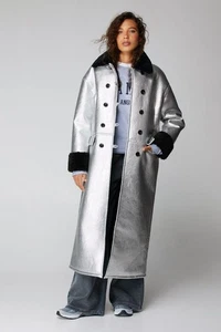 BNWT Nastygal Premium Faux Leather Metallic Aviator Jacket Silver Sz:4 RRP:£299 - Picture 1 of 4