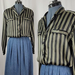 Blusa negra vintage Christie & Jill con rayas doradas y plateadas talla 14 - Imagen 1 de 21