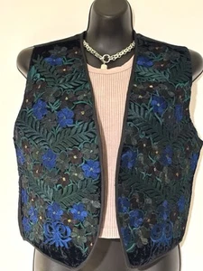NEW Sz Medium Guatemalan hand embroidered floral Blue Green Black cotton vest - Picture 1 of 6