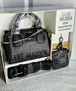 Steve Madden schwarze Umhängetasche, gewebter verstellbarer Riemen, Münzbörse GESCHENKSET NEU IM KARTON - Bild 1 von 12