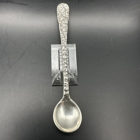 Sterling Silver Miniature Salt Spoon Repousse Rose Floral Handle & Bottom Bowl Cover