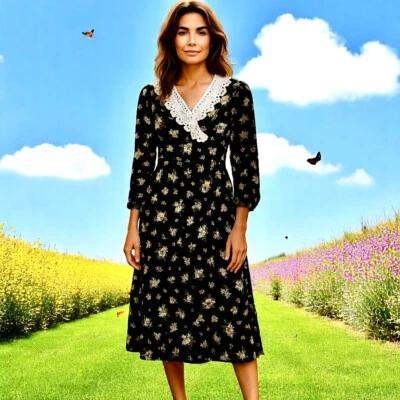 Leslie Faye Dress Black Floral Long Sleeve Crochet Trim Vintage 80's Womens 10 - Image 1 of 4