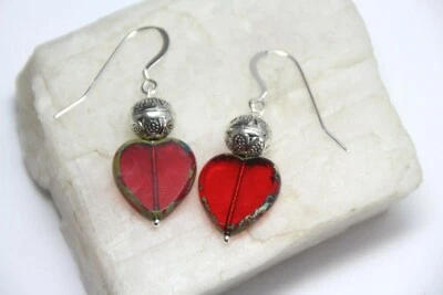 Red Heart Shape Glass Beads .925 Sterling Silver Earrings 1 1/2" Pewter Spacers - Image 1 of 4
