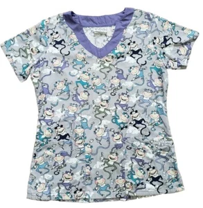 UA SCRUBS Monkeys Toothpaste Floss Women’s Scrub Top Size Small Gray Purple VGC - Picture 1 of 6