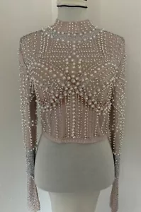 Camicetta DONNEE PAR DIEU donna L rosa bianca perla perline manica lunga cropped top - Foto 1 di 24