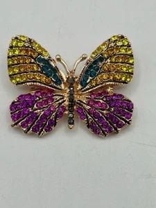 Beautiful Multicolor Rhinestone Gold Tone Butterfly Brooch No Missing Stones - Picture 1 of 4